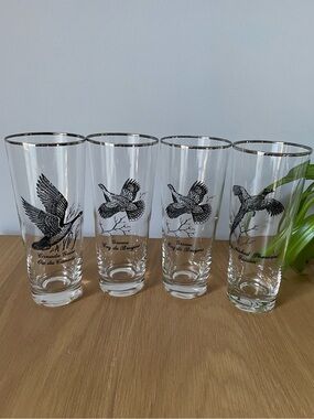 Vintage Federal Glass Sportsman Game Bird Highball Glasses Silver Rim Set of 4